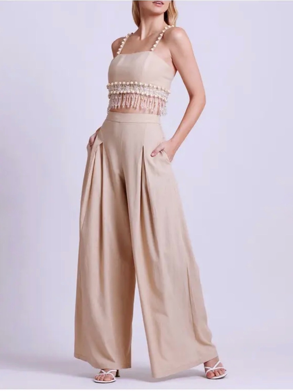 PatBO Womens Wide Leg Linen Blend Pants Natural Beige Pleated High Waist Size 4